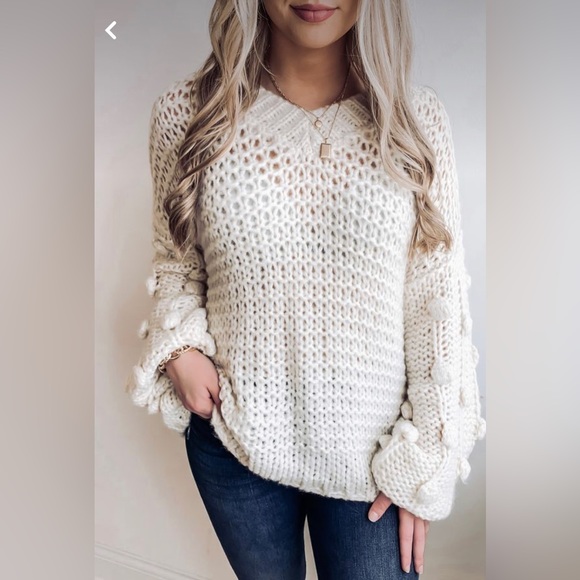 Pink Lily All Eyes On Me Pom Sleeve Sweater Cream - Large - Picture 2 of 7